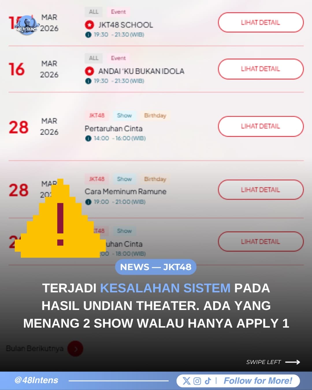 Terjadi kesalahan sistem pada hasil undian theater, ada yang menang 2 show walau hanya apply satu